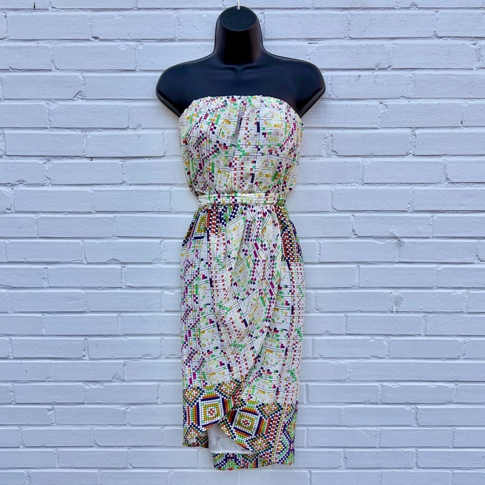 Charlie Jade Mosaic Print 100% Silk Strapless Side Tie Dress, SZ S NWT